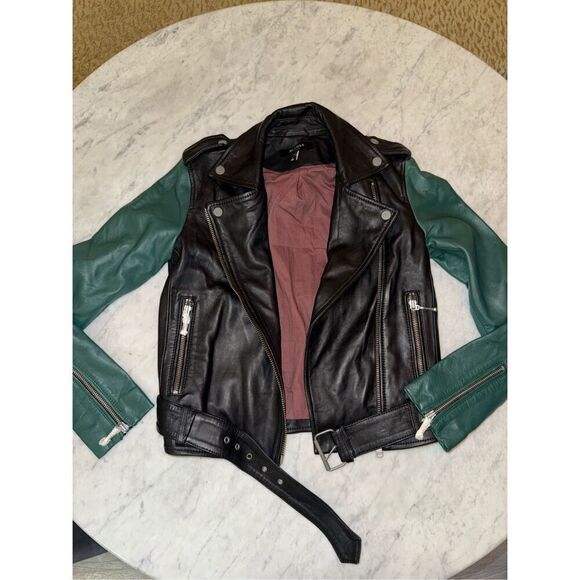 Muubaa Womens 100% Lamb Leather Jacket Size 2   Taimar Black/Hunter Green Leathe - Picture 2 of 13